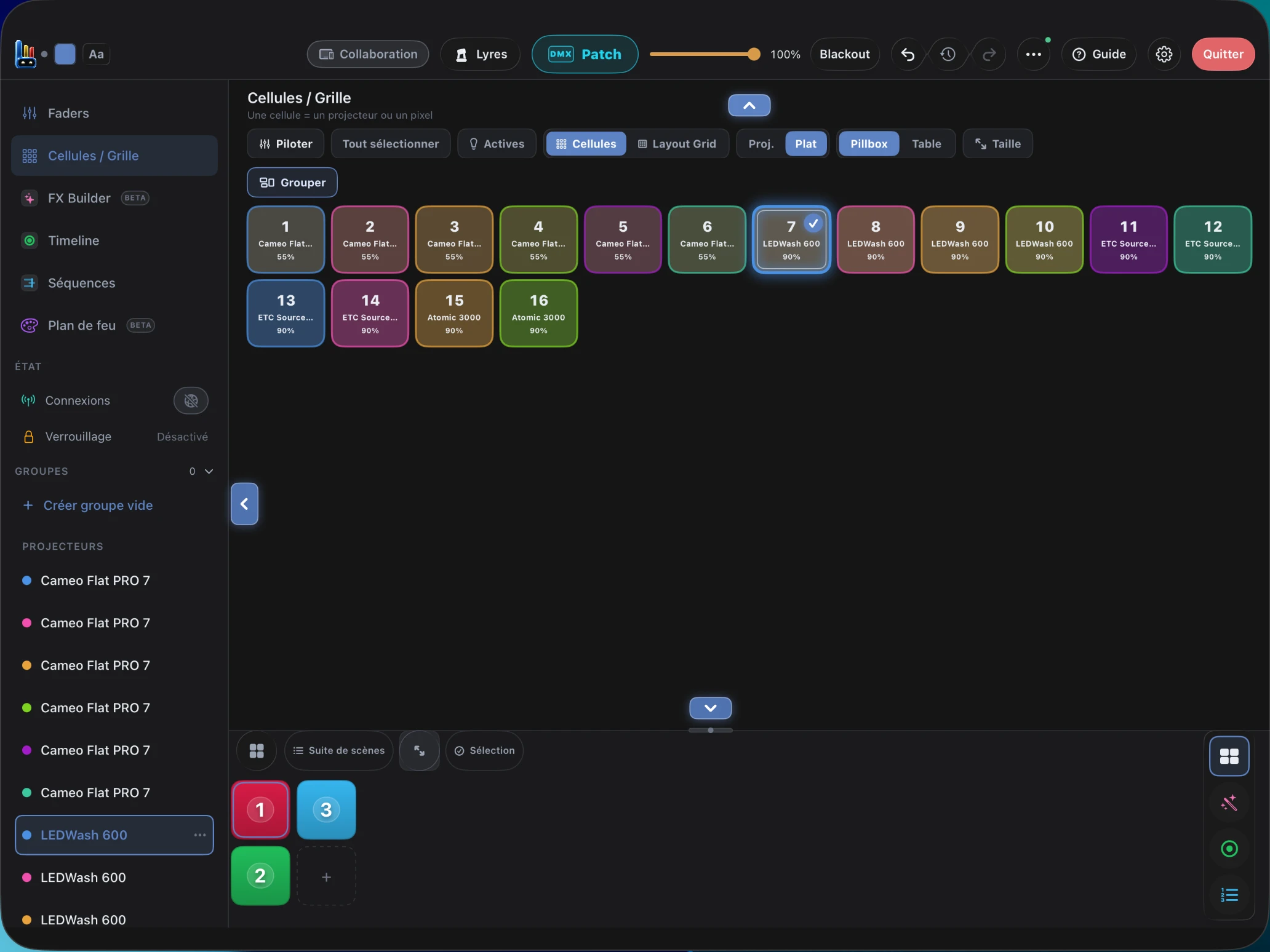 Luminator cells view with sixteen patched fixtures and live intensity values