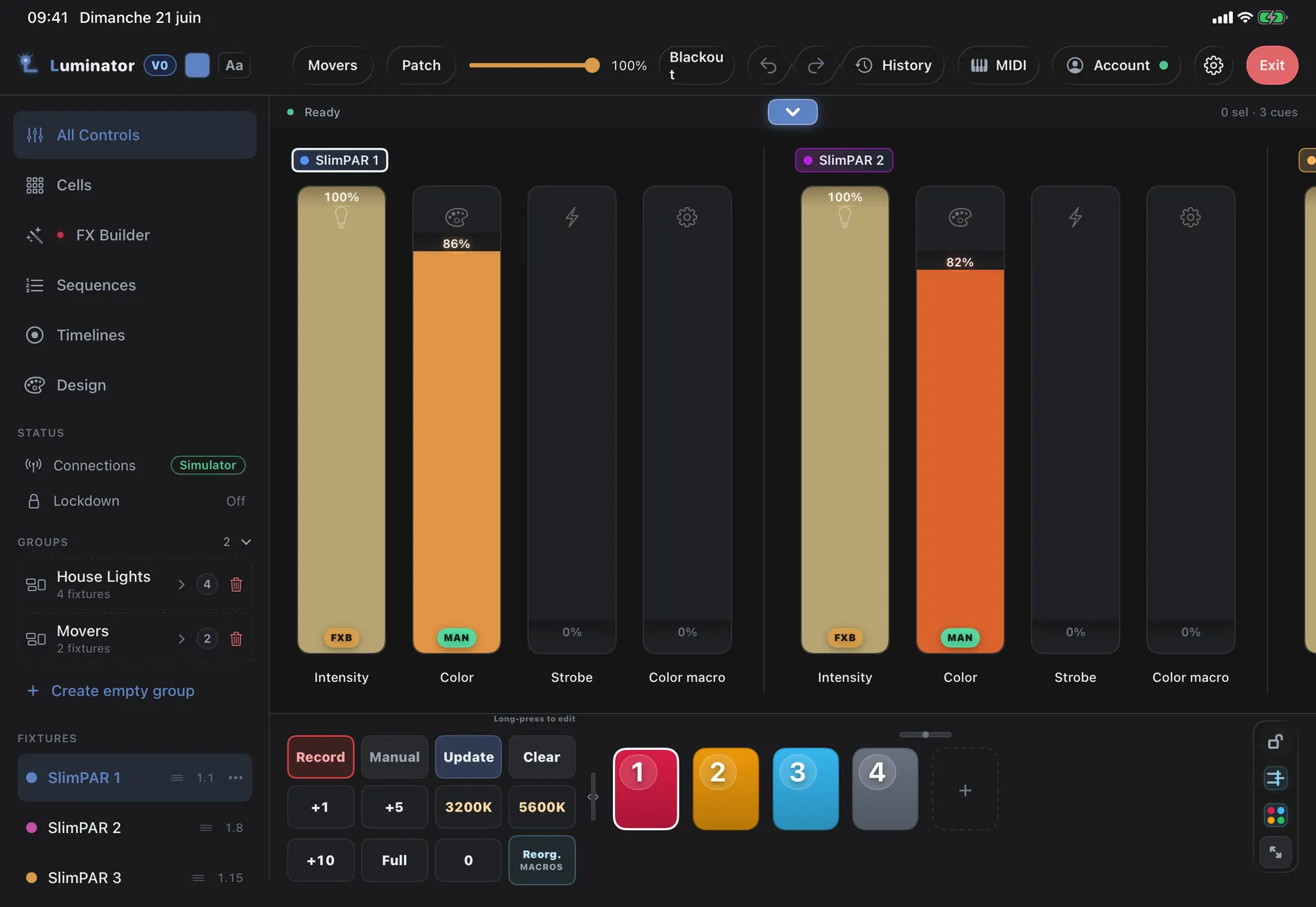Luminator iPad lighting console with DMX faders, active scene controls and output state