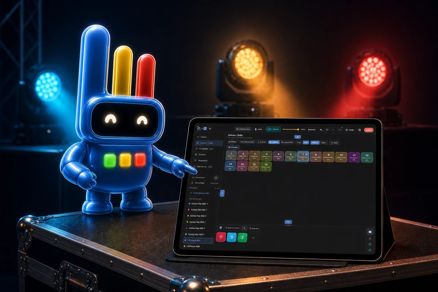 Luminator mascot pointing to the current iPad console with sixteen fixtures and three scenes