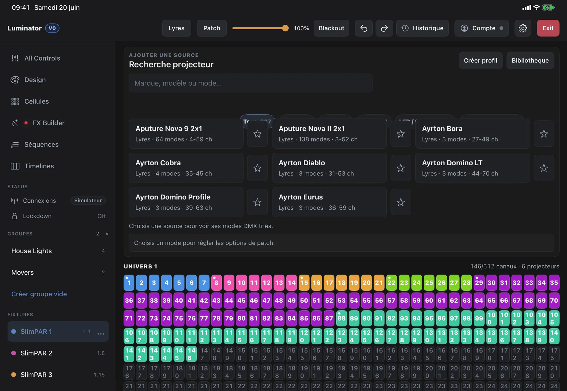 Luminator patch view with fixture search and colored DMX channel grid