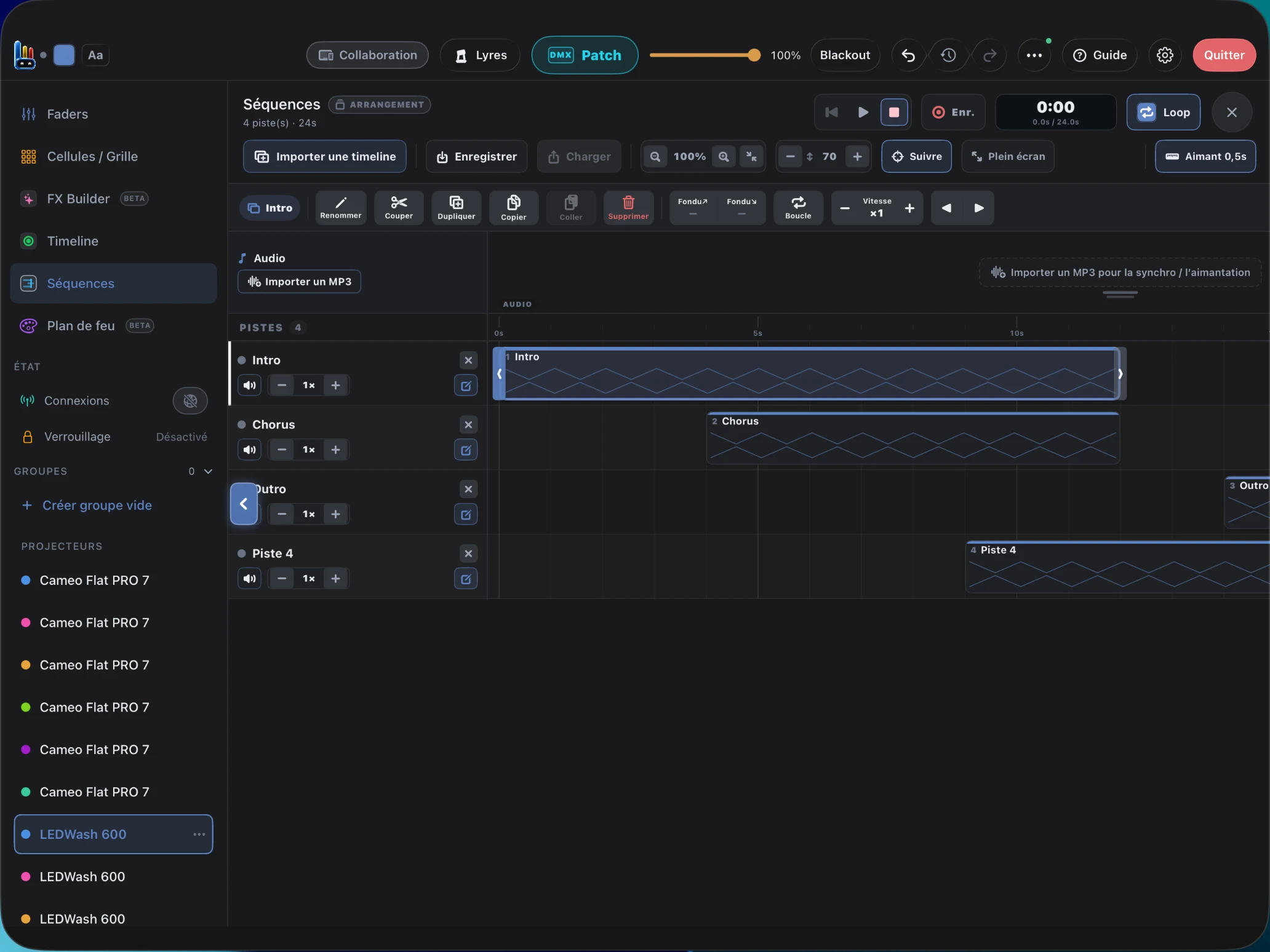 Luminator sequences view with four programmed tracks