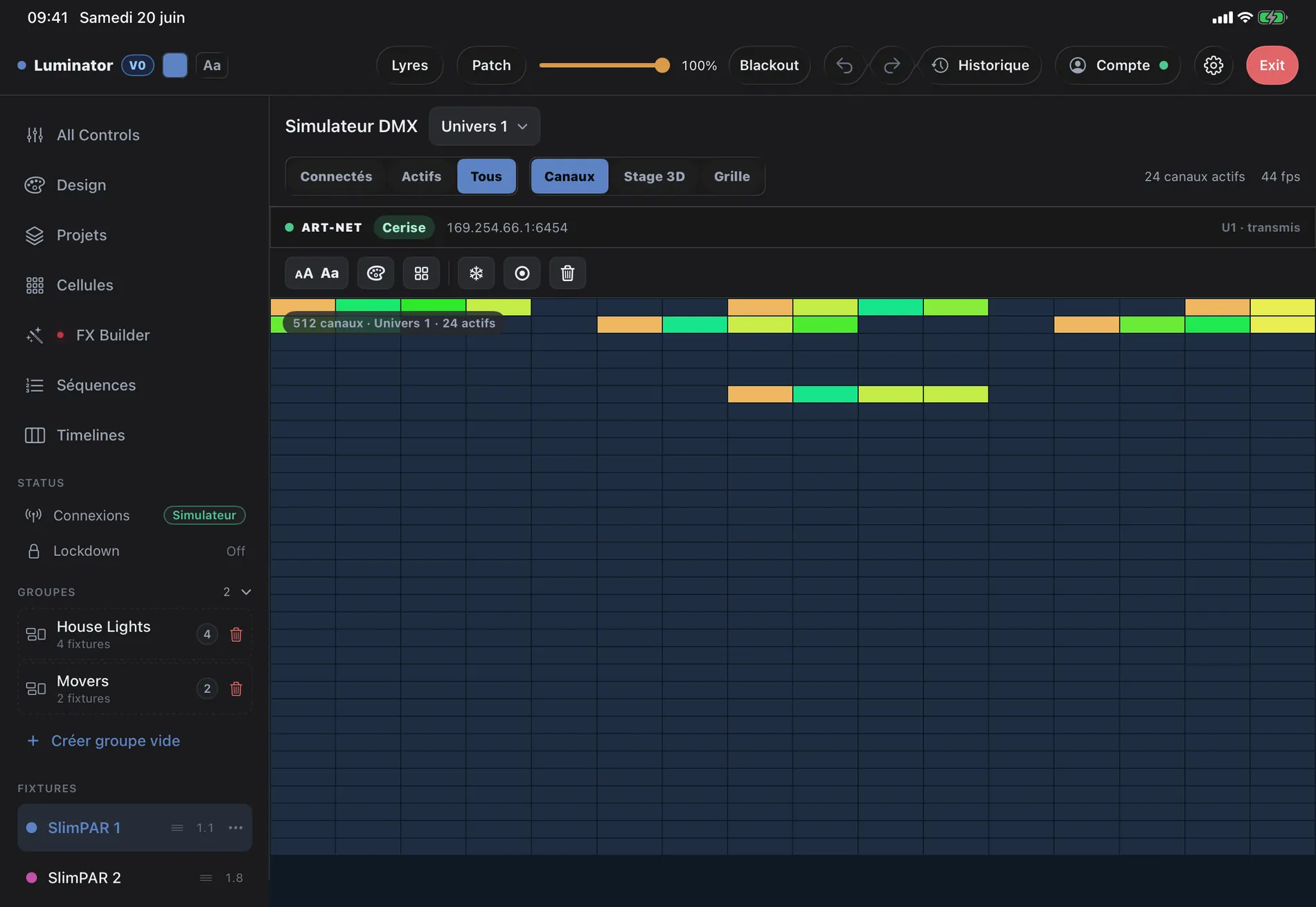 Luminator DMX simulator showing active channels in a grid