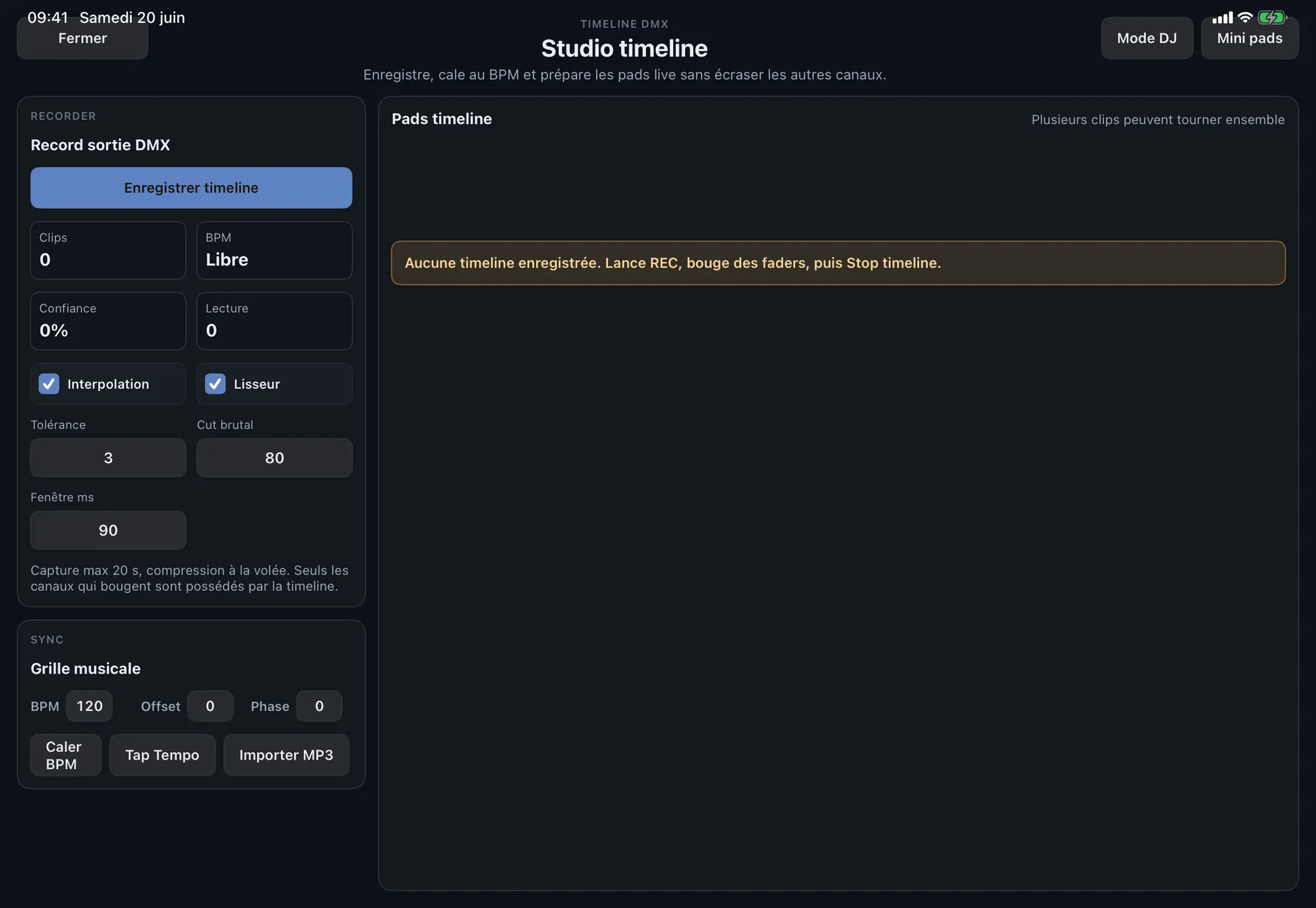 Luminator timeline studio with audio track and DMX recording