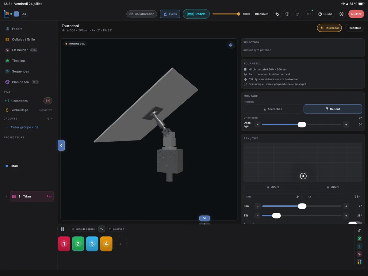 Tournesol interface in Luminator on iPad: 3D view, pan/tilt pad and rig settings